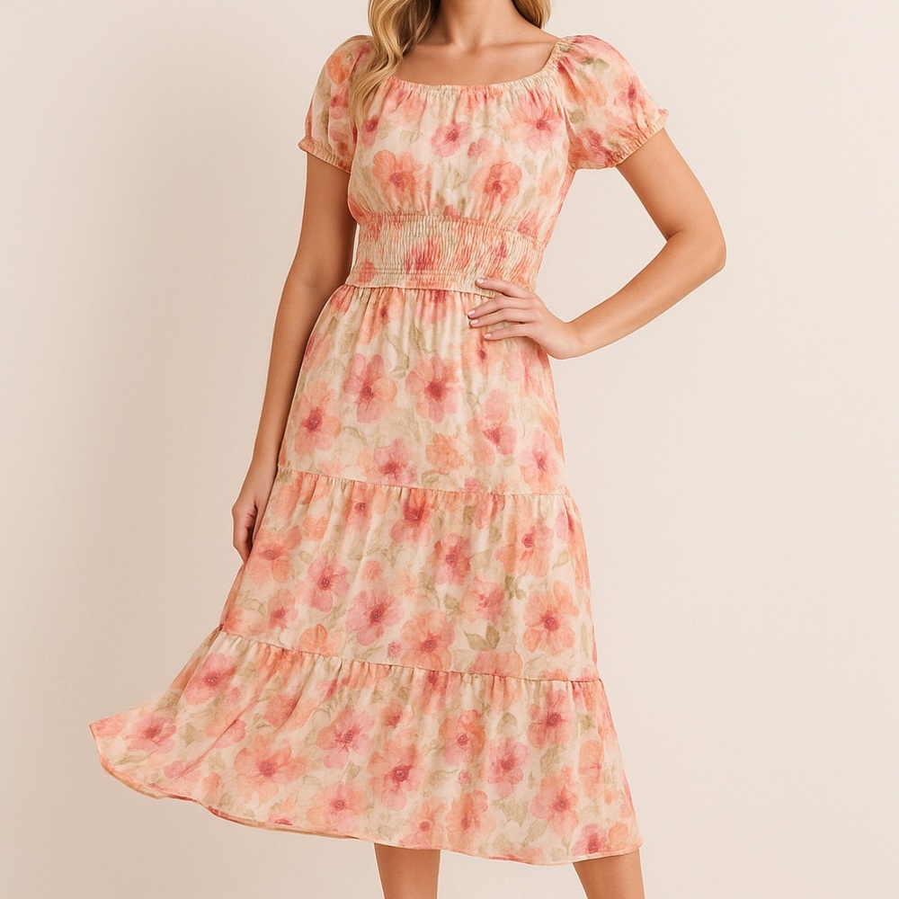 🆕 🌸 Trixxi Floral Smocked Maxi Dress Peach Pink Boho Cottagecore Romantic Size M